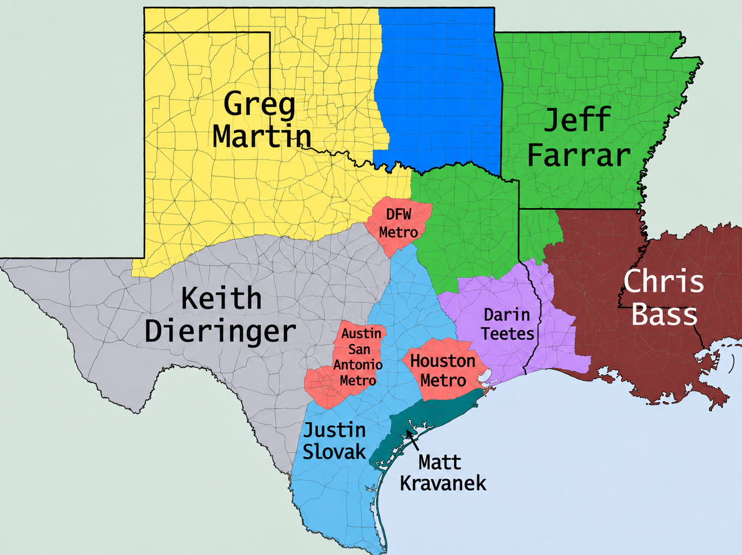 Tennant Specs sales territory map showing regional representatives across Texas, Oklahoma, Arkansas, and Louisiana